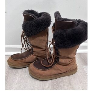 UGG Australia Sunburst Tall 5230 Chestnut Suede Sheepskin Lace Up Boots Womens 7